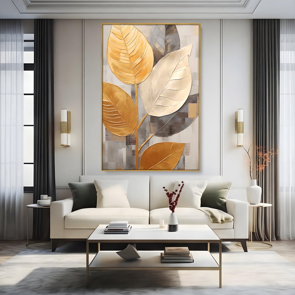Tablou canvas cu tablou canvas cu frunze aurii texturate, in rama de aluminiu auriu, pe perete intr-un living